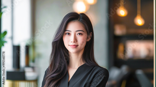 Portrait of Smiling Woman with Long, Sleek Hair in Modern Hair Salon