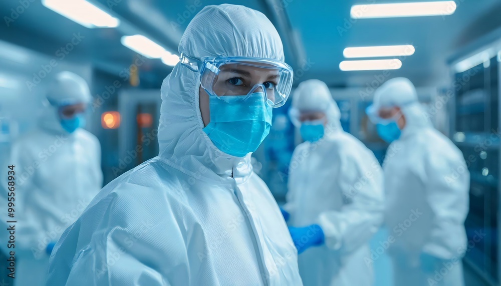 Healthcare professionals in protective gear working in a laboratory environment, focusing on safety and research efforts. Healthcare professionals in protective gear working in a laboratory environment, focusing on safety and research efforts.