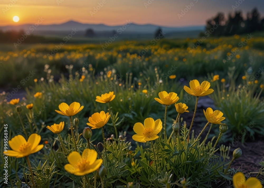 Fototapeta premium A field of flowers at dawn