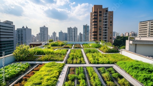 A vibrant rooftop garden with neatly arranged greenery amidst urban buildings under a bright blue sky. photo