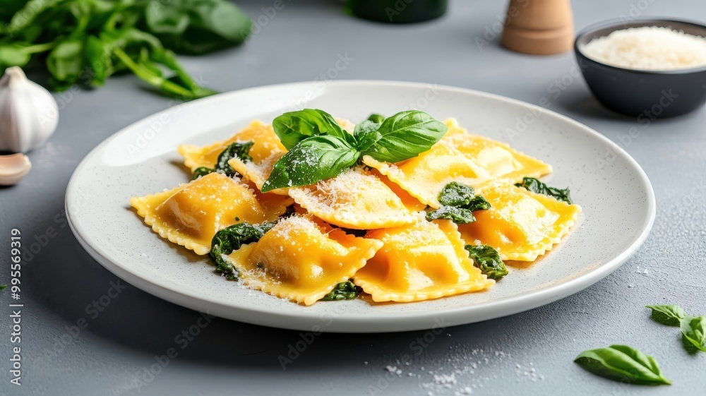 An illustration of spinach and cheese ravioli, arranged on a plate and topped with grated parmesan and fresh basil, highlighting the vibrant colors and textures. An illustration of spinach and cheese ravioli, arranged on a plate and topped with grated parmesan and fresh basil, highlighting the vibrant colors and textures.