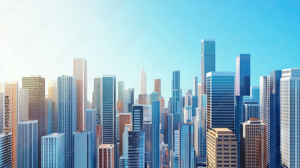 Aerial view of a modern cityscape with skyscrapers, room for copy in the clear blue sky. Aerial view of a modern cityscape with skyscrapers, room for copy in the clear blue sky.
