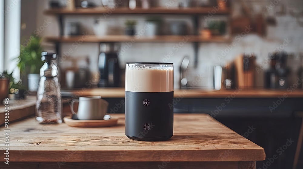 Modern Milk Frother on Wooden Table Modern Milk Frother on Wooden Table