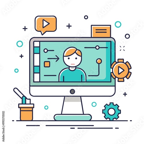 png-computer- screen icon flat - colored transparent - around shape line objects