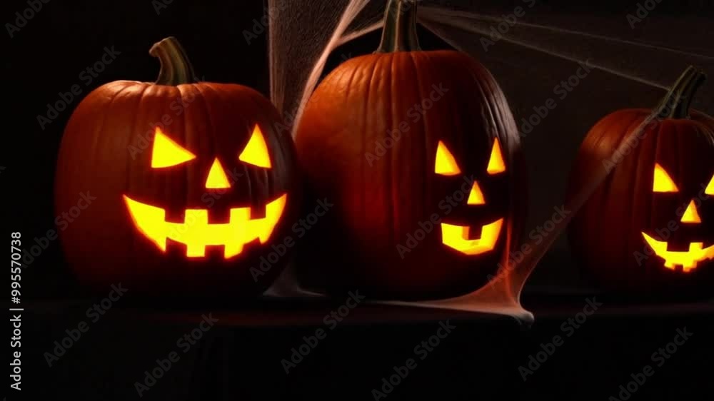 Jack O' Lanterns on a Dark Table Surrounded by Spider Webs Jack O' Lanterns on a Dark Table Surrounded by Spider Webs