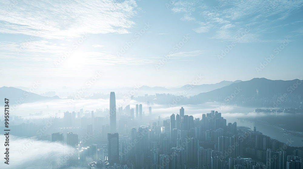 High-angle view of a city skyline with a mountain backdrop, with ample space for text in the open sky.