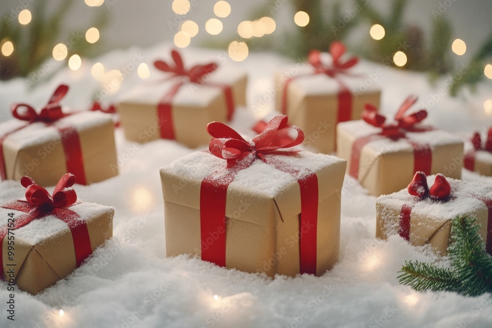 Array of small beige and red gifts arranged in snow surrounded by festive greenery symbolizing winter holidays outdoor celebrations and joyful gift exchanges in a natural setting Array of small beige and red gifts arranged in snow surrounded by festive greenery symbolizing winter holidays outdoor celebrations and joyful gift exchanges in a natural setting