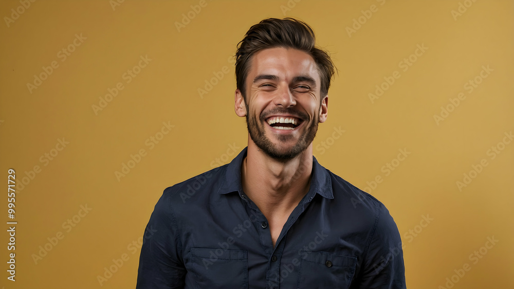 Genuine Joy: A man's infectious laughter radiates against a warm yellow backdrop, showcasing pure, unadulterated happiness. Genuine Joy: A man's infectious laughter radiates against a warm yellow backdrop, showcasing pure, unadulterated happiness.