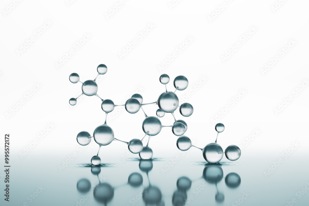 Abstract blue glass molecules structure or atoms on water with ripple. Science or Chemical formula on light white background. 3d illustration.