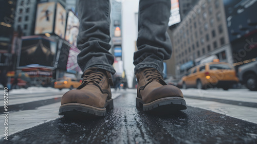 Wallpaper Mural A man's feet in shoes walk along a busy street in a big city. Neural network AI generated art Torontodigital.ca