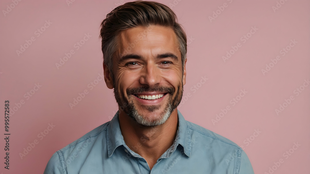 Smiling Man Portrait: A charismatic middle-aged man with salt and pepper hair beams radiantly, showcasing a genuine and joyful expression against a soft pink backdrop. Smiling Man Portrait: A charismatic middle-aged man with salt and pepper hair beams radiantly, showcasing a genuine and joyful expression against a soft pink backdrop.