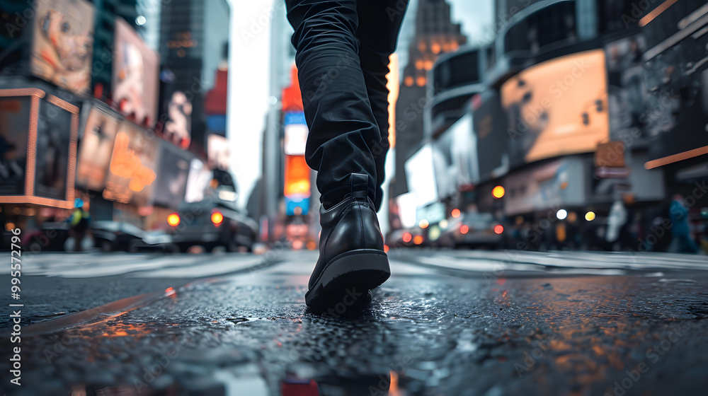 Fototapeta premium A man's feet in shoes walk along a busy street in a big city. Neural network AI generated art