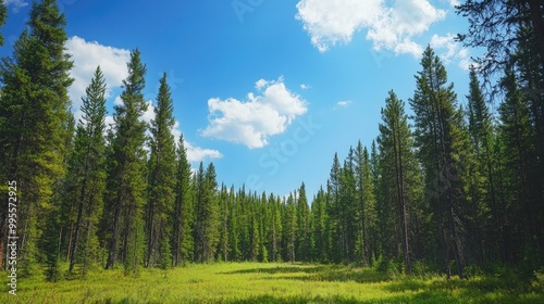 Remote wilderness with towering pine trees, with ample copy space in the bright blue sky.