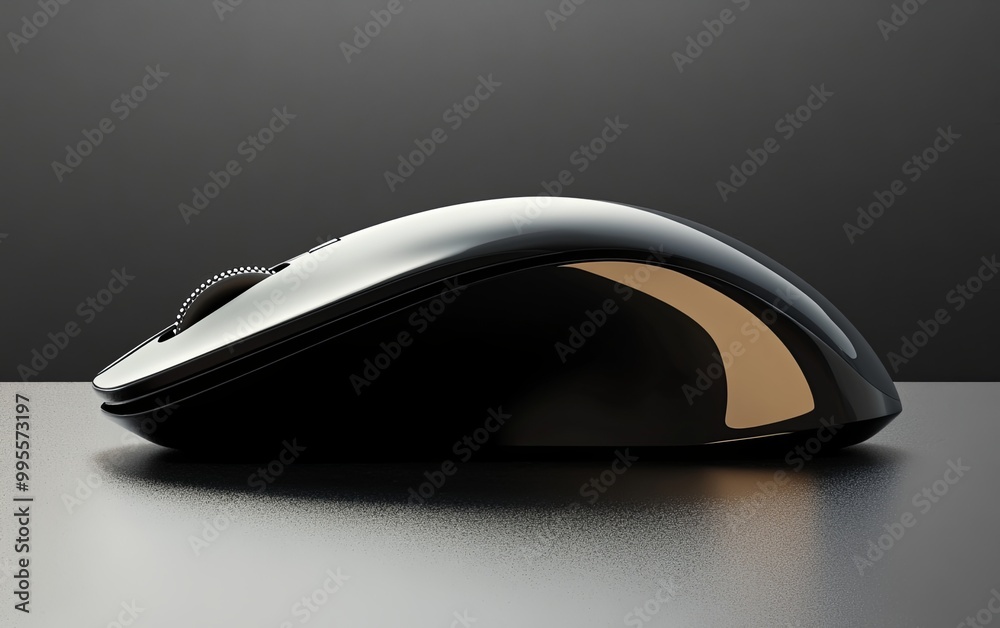 A sleek black computer mouse resting on a smooth surface, showcasing its ergonomic design and modern aesthetic. A sleek black computer mouse resting on a smooth surface, showcasing its ergonomic design and modern aesthetic.