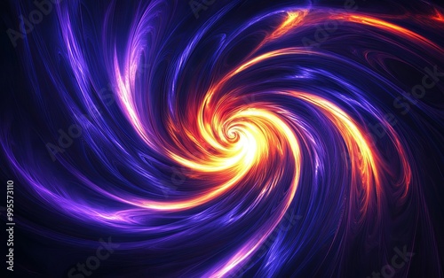 A vibrant swirling pattern of purple and orange light, resembling a cosmic vortex or abstract energy.