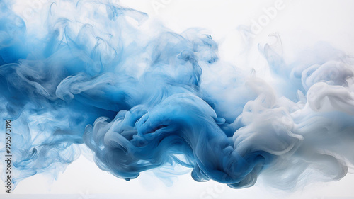 Mesmerizing swirling smoke patterns in blue, ethereal abstract shapes, white background, artistic visual, smoke art concept