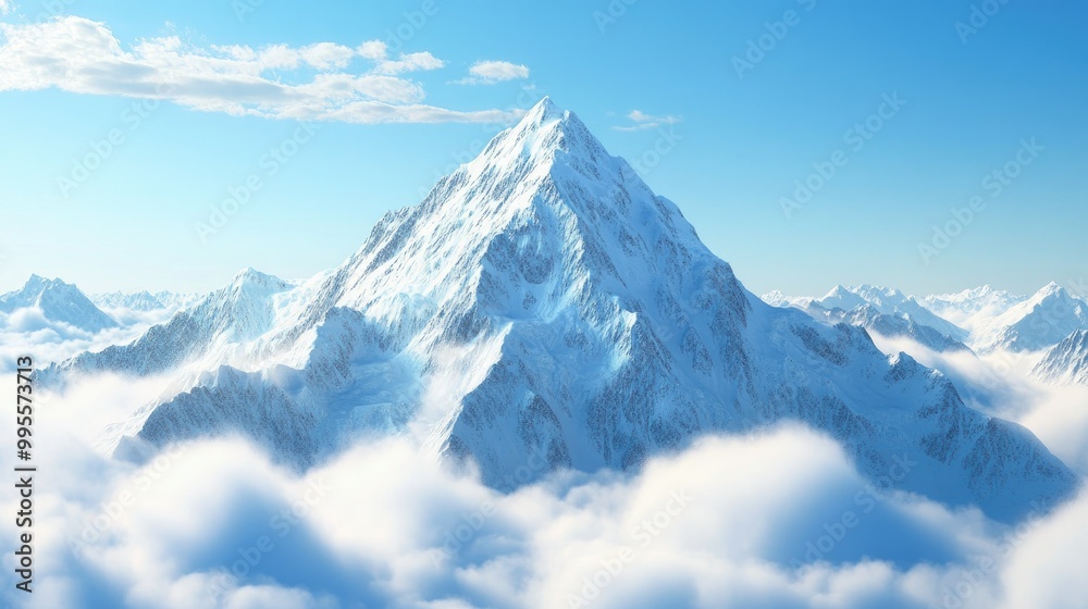 Obraz premium Snowy mountain peak rising above the clouds, space for copy in the crisp blue sky.