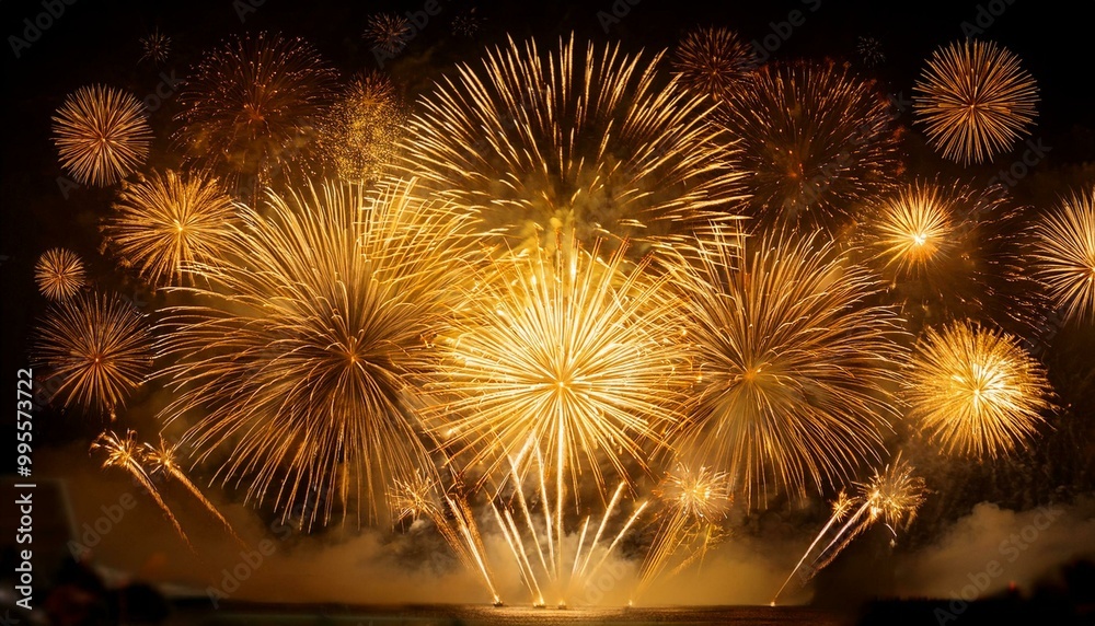 Naklejka premium Golden Fireworks Lighting Up the Night Sky Over a River