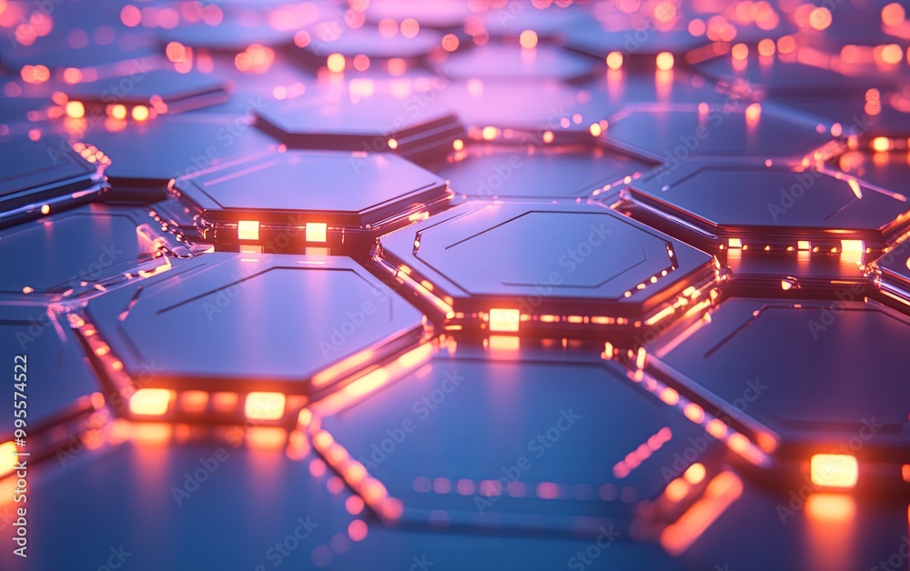 A close-up view of glowing hexagonal tiles, showcasing a futuristic design with vibrant lighting effects. A close-up view of glowing hexagonal tiles, showcasing a futuristic design with vibrant lighting effects.