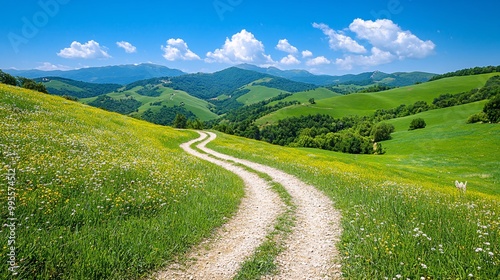 A winding path leading into the distance through rolling hills symbolizing the long journey toward success and the perseverance needed to reach one's goals Large space for text in center Stock Photo