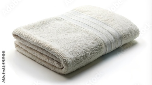 Folded beige bath towel with stripes lying on white background