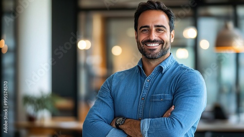 Confident Man Smiling in Modern Office Environment