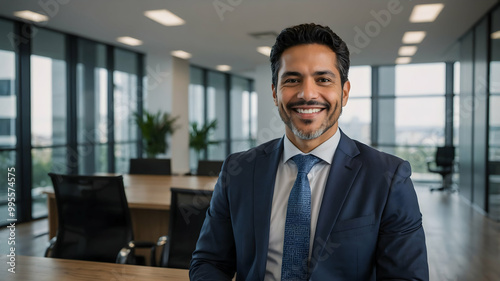 Confident & Successful Businessman: A portrait of a confident and successful businessman in a modern office setting. He is smiling and looking directly at the camera.