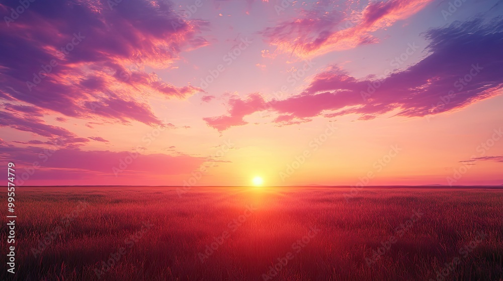 Vibrant sunset over a vast open plain, with plenty of room for text in the glowing sky Vibrant sunset over a vast open plain, with plenty of room for text in the glowing sky
