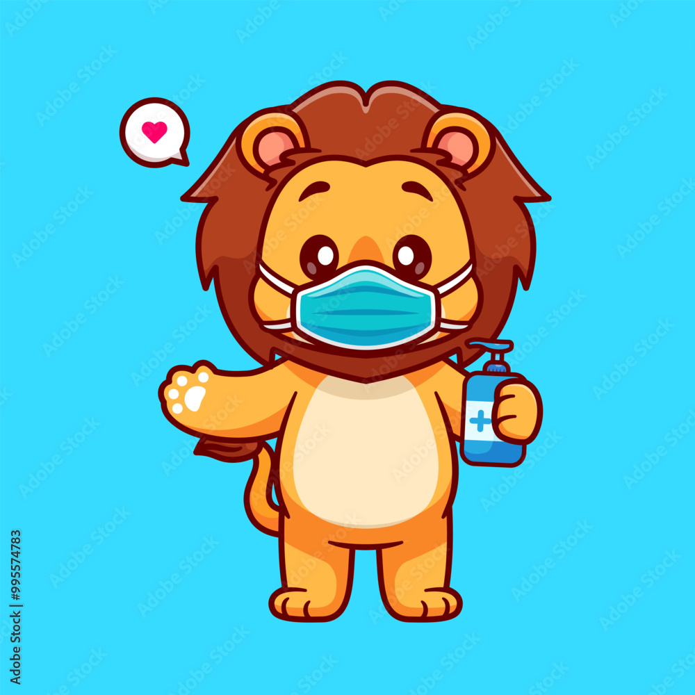 Fototapeta premium Cute Lion Wearing Medical Mask With Hand Sanitizer Cartoon Vector IconIllustration. Animal Healthy Icon Concept Isolated Premium Vector. Flat Cartoon Style