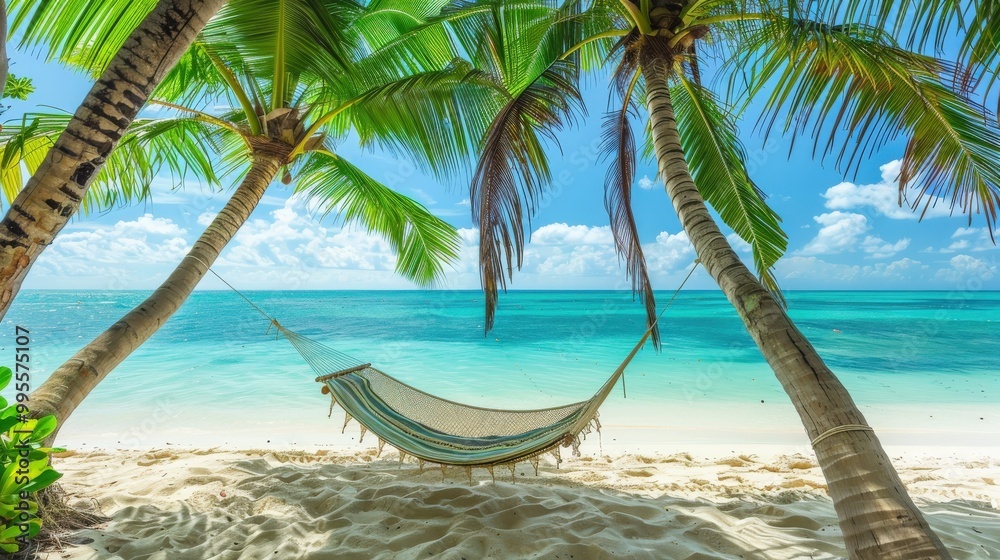 Fototapeta premium A calm beach scene where turquoise waters meet a white sandy shore, highlighted by a hammock hung between two palm trees.