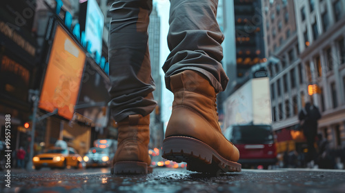 A man's feet in shoes walk along a busy street in a big city. Neural network AI generated art