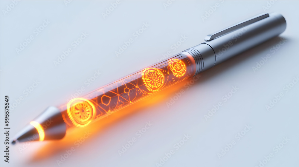 3D Digital Pen with Glowing Bhai Dooj Icons - Holographic Symbols Near Tip on Clean White Background Close-Up 3D Digital Pen with Glowing Bhai Dooj Icons - Holographic Symbols Near Tip on Clean White Background Close-Up