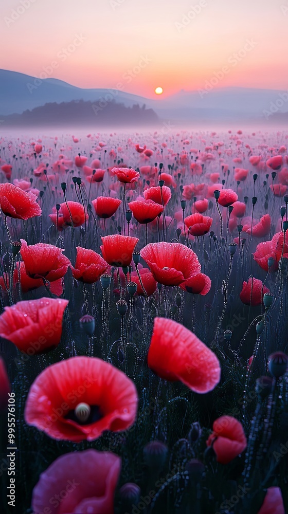 Fototapeta premium A misty morning over a vast field of red poppies