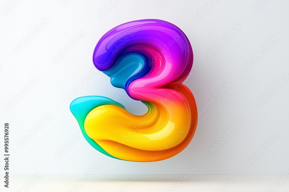 The number 3 is written in yellow on a white background. The number is surrounded by colorful paint splatters. number 3 composed of colored paint,dynamic splash, floating on pure white background