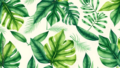 Seamless Tropical Leaf Pattern with Monstera and Palm Fronds in Vibrant Greens on Beige Background