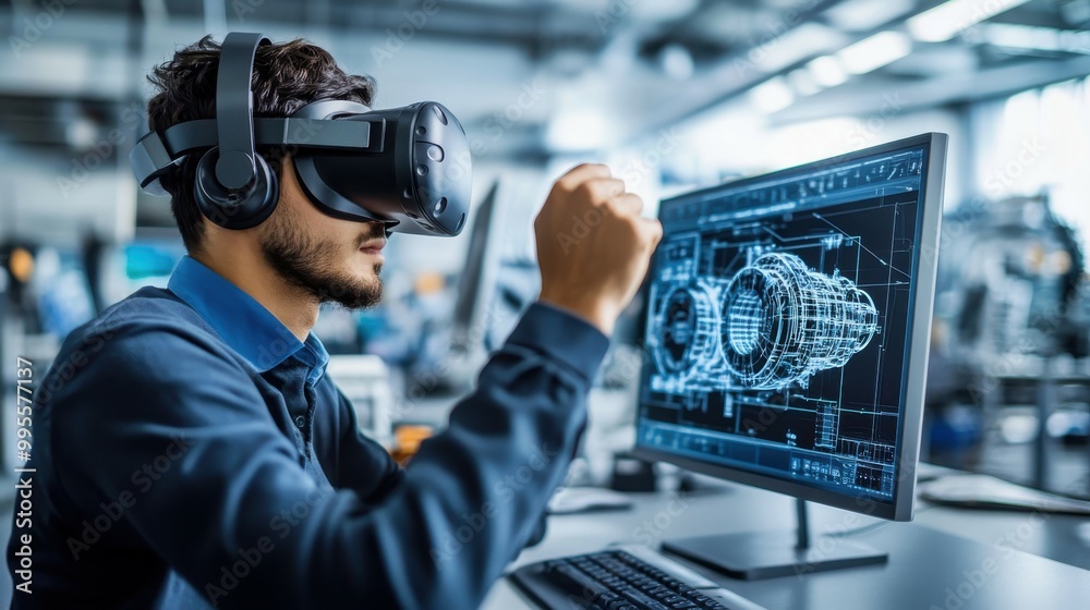 An engineer using virtual reality to interact with detailed CAD designs of mechanical systems in a bright, modern workspace, emphasizing innovation in engineering An engineer using virtual reality to interact with detailed CAD designs of mechanical systems in a bright, modern workspace, emphasizing innovation in engineering