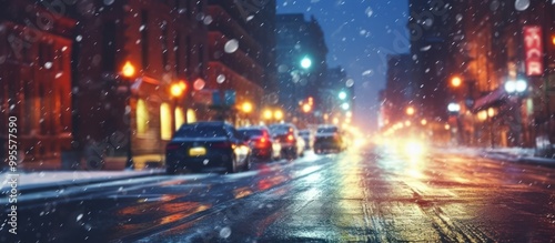 Snowfall in the City at Night