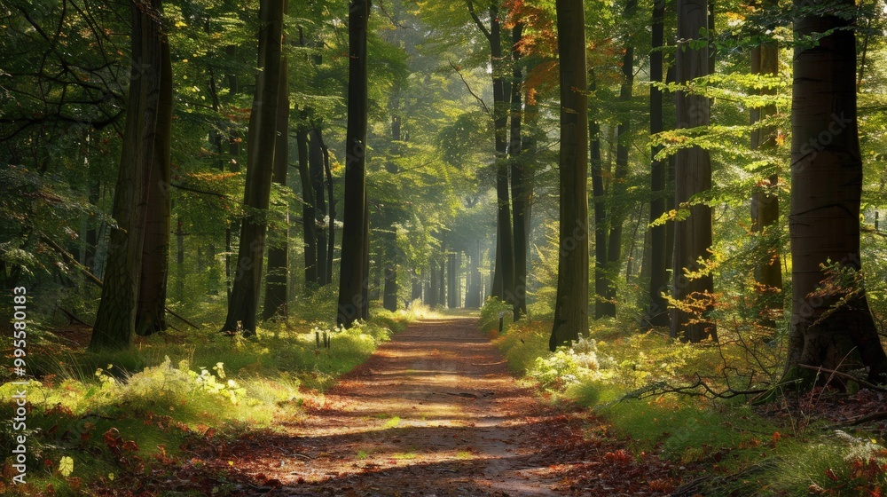Obraz premium A peaceful forest pathway surrounded by tall trees, dappled sunlight dancing on the ground, and a thick layer of fallen leaves.