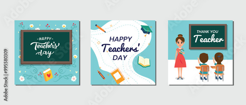 Happy Teacher's Day celebrated on 5 October. Teachers day Cards set Template vector illustration. set of cards