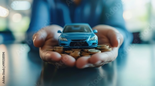 A person holds a small blue car model in one hand and coins in the other, symbolizing the relationship between money and vehicle ownership.