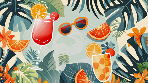 Two colorful cocktails are displayed with slices of orange and tropical leaves surrounding them, creating a lively atmosphere perfect for summer celebrations - Generative AI