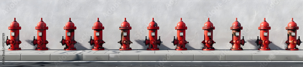 Realistic fire hydrant set Red construction with valves street pipes for water decent isolated on grey background urban, plumbing, fire safety, utility, emergency Realistic fire hydrant set Red construction with valves street pipes for water decent isolated on grey background urban, plumbing, fire safety, utility, emergency
