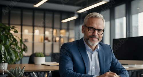 Free Download Confident CEO Portrait:  A mature, successful businessman sits at his desk, exuding confidence and expertise.  His warm smile and professional attire convey leadership and trust.  - GFXLoad