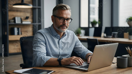 Focused and Determined: A mature businessman, radiating confidence and purpose, intently works on his laptop in a modern office setting.