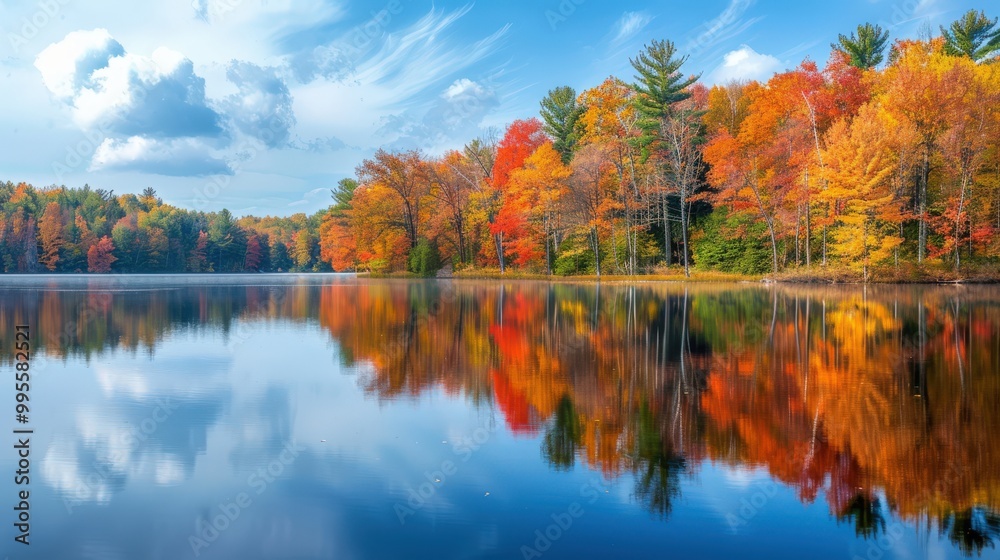 A tranquil lake nestled among autumn foliage, with perfectly mirrored reflections of the colorful trees on the surface. A tranquil lake nestled among autumn foliage, with perfectly mirrored reflections of the colorful trees on the surface.