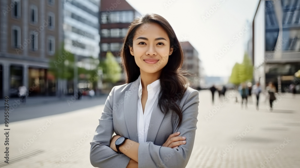 A professional portrait of an Asian woman in business attire, standing confidently with her arms crossed on the gray concrete surface of the city square. A professional portrait of an Asian woman in business attire, standing confidently with her arms crossed on the gray concrete surface of the city square.