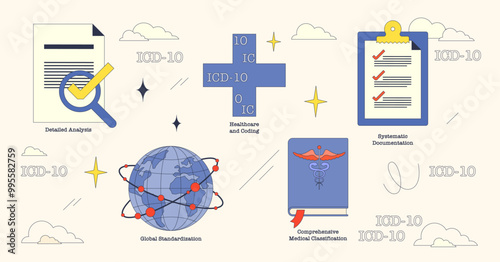Illustration of ICD-10 codes with global standardization, healthcare coding, and systematic documentation in neubrutalism style collection.
