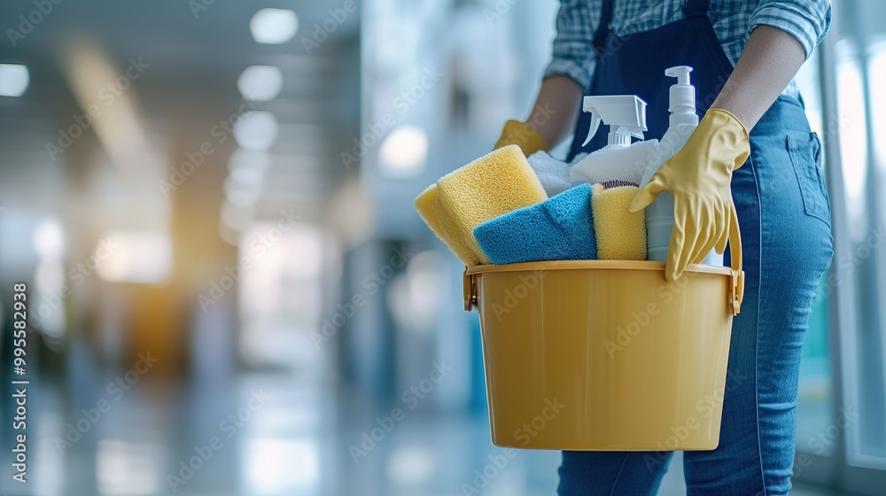 Naklejka premium A person holding a yellow bucket filled with cleaning supplies, standing in a spacious, well-lit hallway, ready to undertake cleaning tasks.