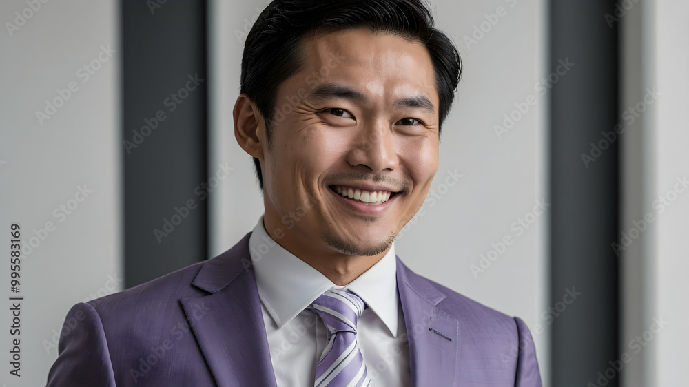 Confident and Successful: A portrait of a smiling Asian businessman in a purple suit, radiating success and confidence. He's a symbol of ambition and professionalism. Confident and Successful: A portrait of a smiling Asian businessman in a purple suit, radiating success and confidence. He's a symbol of ambition and professionalism.