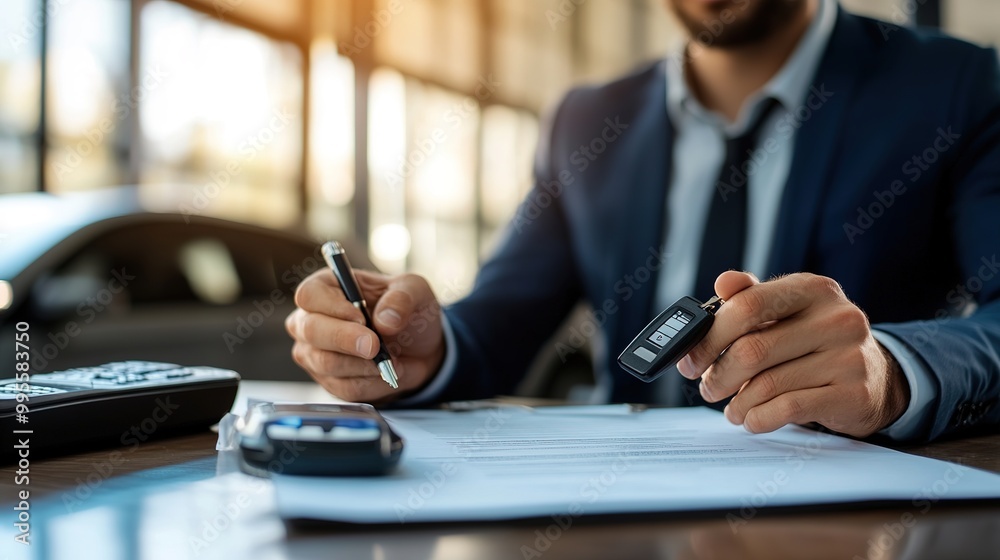 Fototapeta premium A businessman signing papers with car keys and a pen on a desk, indicating a vehicle purchase or agreement at a dealership.